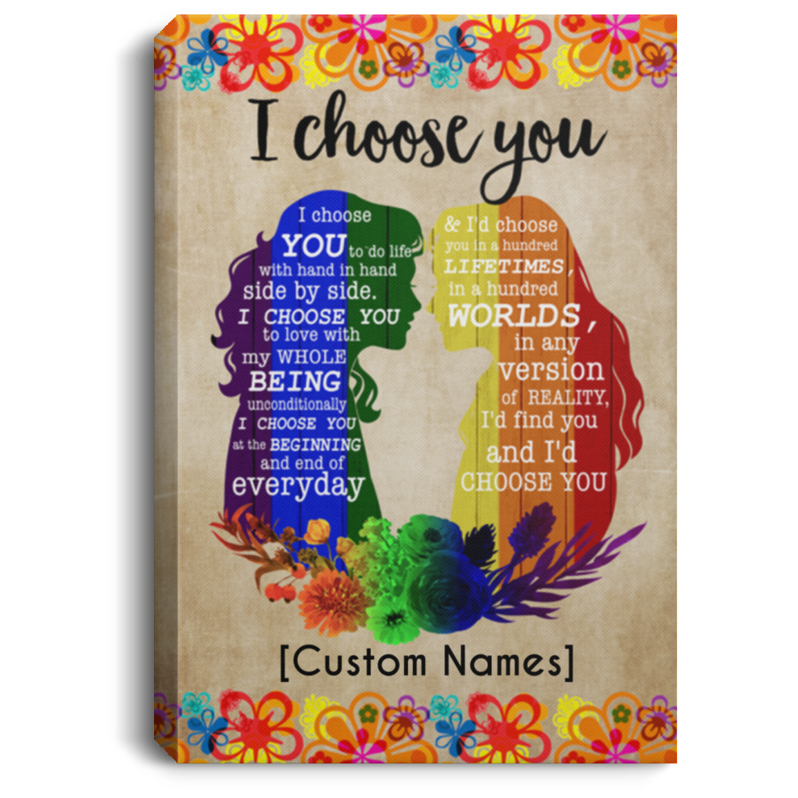Personalized LGBT Lesbian Couple I Choose You To Do Life With Hand I Hand Side By Side Framed Canvas - Unframed Poster, White, 0.75'' Framed Canvas