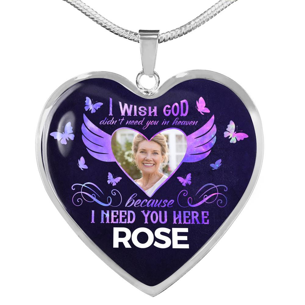 Custom Photo God Wants You I Need You Here with Me in Loving Memory Sayings Heart Pendant Necklace - Heart Luxury Necklace (Silver)