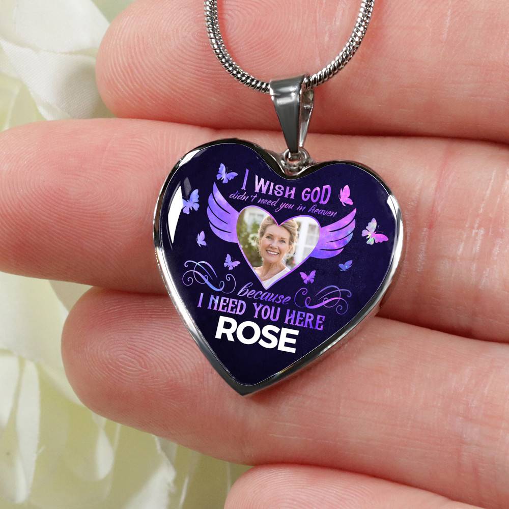 Custom Photo God Wants You I Need You Here with Me in Loving Memory Sayings Heart Pendant Necklace - Heart Luxury Necklace (Silver)