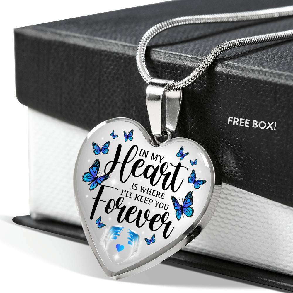 In My Heart Is Where I'll Keep You Forever Butterfly Feather Memorial Luxury Heart Pendant Necklace - Heart Luxury Necklace (Silver)