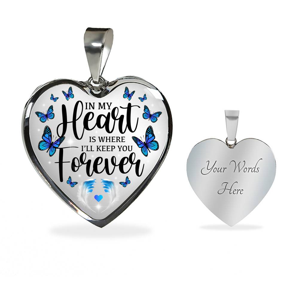 In My Heart Is Where I'll Keep You Forever Butterfly Feather Memorial Luxury Heart Pendant Necklace - Heart Luxury Necklace (Silver)
