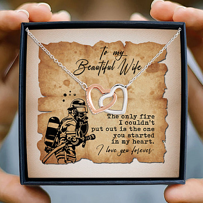 To Beautiful Firefighter Wife Pride The Only Fire You Started In My Heart Couple Interlocking Hearts Necklace