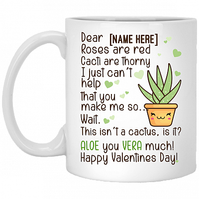 Personalized Valentine Day Couple Ceramic Coffee Mug - Aloe You Vera Much Mug - Funny Couple Mug, White, 11 oz. White Mug