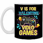 V Is For Video Games Funny Valentines Mug, Black, 11 oz. White Mug