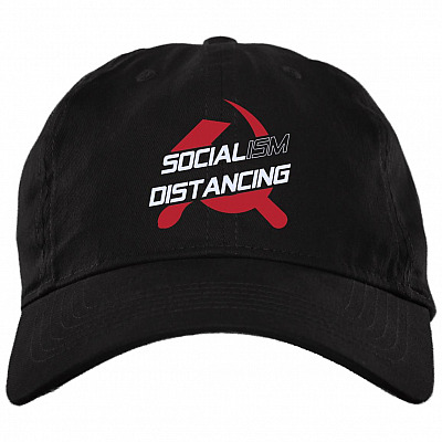 Socialism Distancing Funny Anti Socialism Twill Cap - High-Profile Snapback Hat - Trucker Hat, Black, Brushed Twill Dad Cap