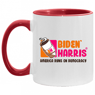 Biden Harris 2021 America Runs on Democracy Accent Mug, White/Red, 11 oz. Accent Mug