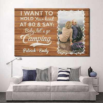 Alternative view of Personalized Photo I Want to Hold Your Hand at 80 Baby Let's Go Camping Framed Canvas - Unframed Poster