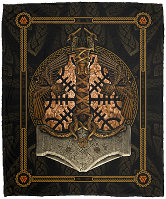 Norse Viking Twin Crow Mjolnir Hammer Fleece Blanket - Mink Sherpa Blanket - Woven Blanket Gifts for Viking Lover, White, Cozy Plush Fleece Blanket - 50x60