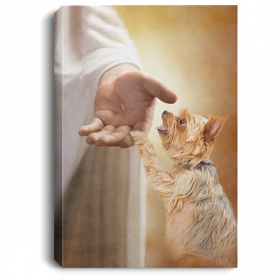 Yorkshire Terrier Take My Hand Jesus Wrapped Framed Canvas Prints - Unframed Poster - Home Decor Wall Art, White, 0.75'' Framed Canvas