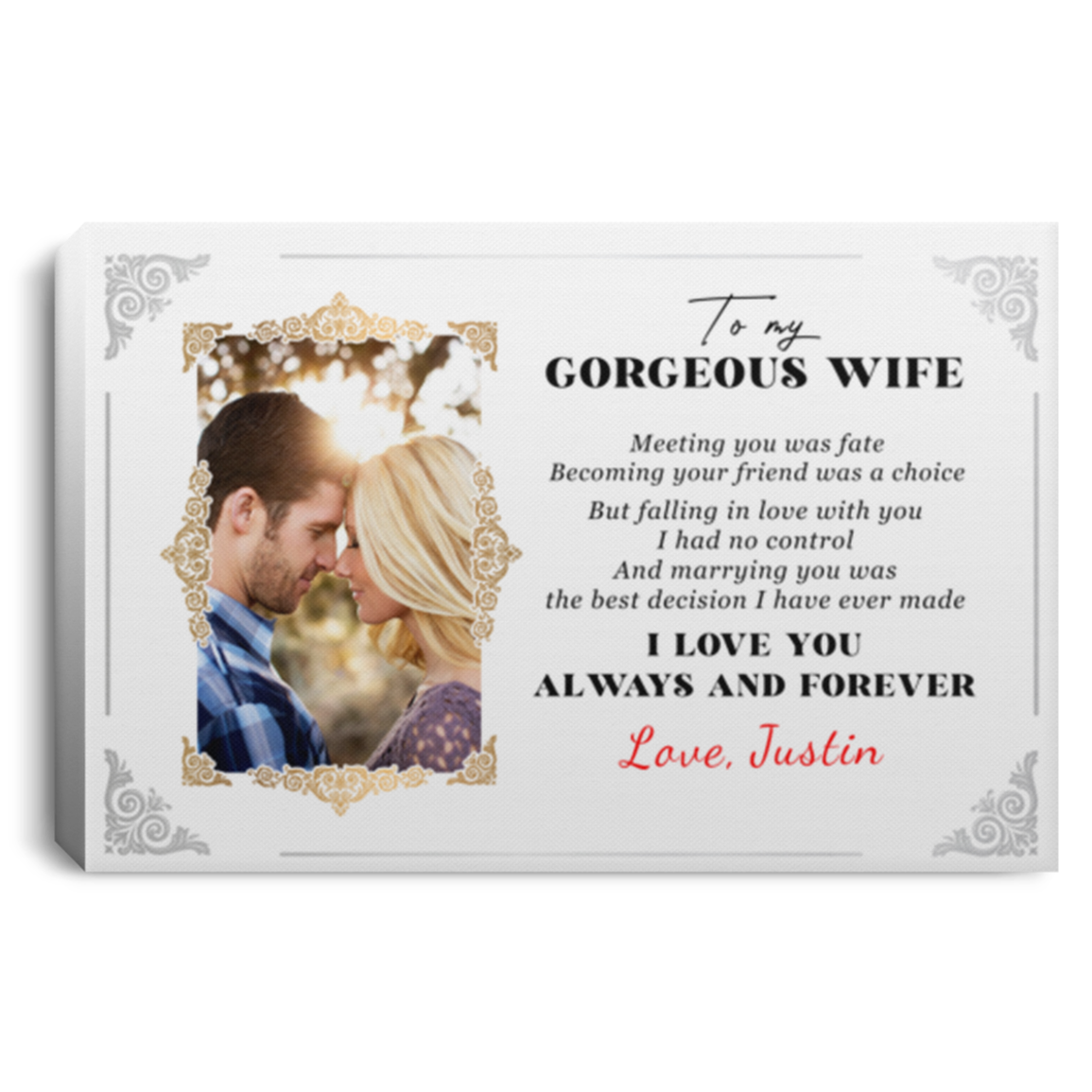 Personalized Photo To My Gorgeous Wife Meeting You Was Fate Framed Canva Prints - Unframed Poster, White, 0.75'' Framed Canvas