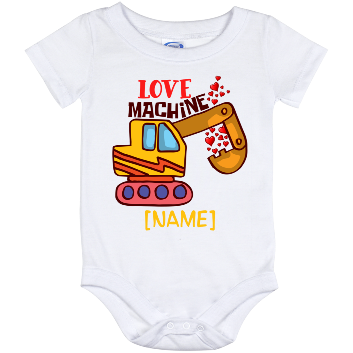 Personalized Love Machine Baby Onesie - Excavator Hearts Baby Toddler Bodysuit - Love Machine Bodysuit, White, Baby Onesie - 12 Month