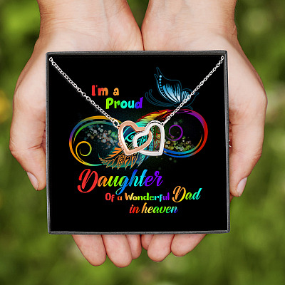 Alternative view of I'm A Proud Daughter Of A Wonderful Dad In Heaven Memory Rainbow Flag LGBT Pride Interlocking Hearts Necklace