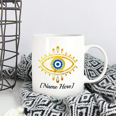 Alternative view of Personalized Greek Blue Evil Eye Ceramic Coffee Mug - Beer Stein - Water Bottle - Color Changing Mug