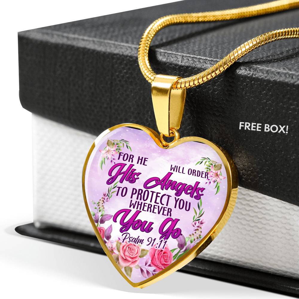 He Will Order His Angel To Protect You Wherever You Go PSALM 91:11 Heart Pendant Necklace - Heart Luxury Necklace (Gold Plated)