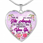 He Will Order His Angel To Protect You Wherever You Go PSALM 91:11 Heart Pendant Necklace - Heart Luxury Necklace (Silver)