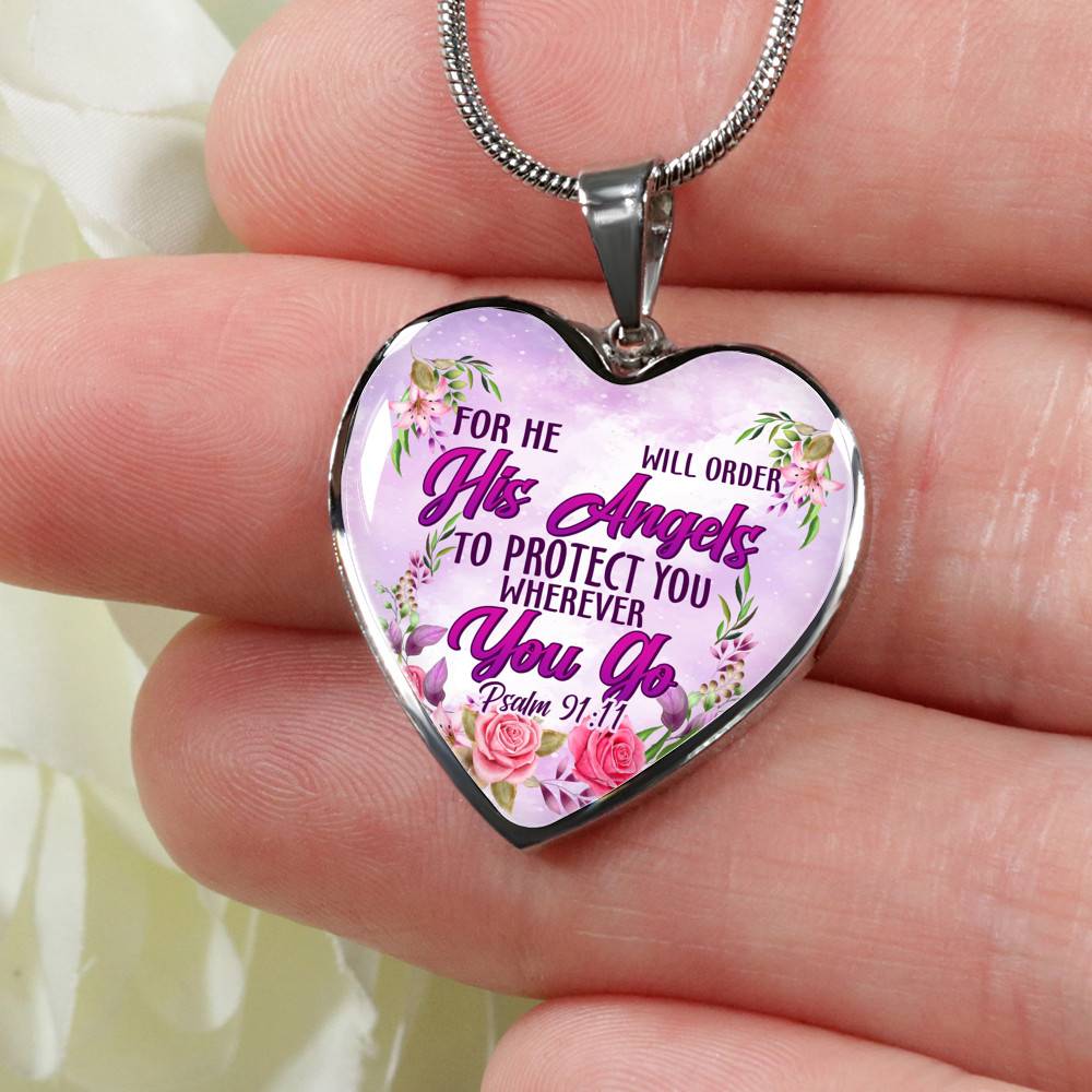 He Will Order His Angel To Protect You Wherever You Go PSALM 91:11 Heart Pendant Necklace - Heart Luxury Necklace (Silver)