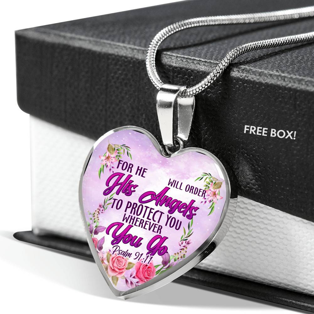 He Will Order His Angel To Protect You Wherever You Go PSALM 91:11 Heart Pendant Necklace - Heart Luxury Necklace (Silver)