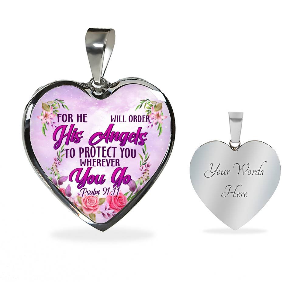 He Will Order His Angel To Protect You Wherever You Go PSALM 91:11 Heart Pendant Necklace - Heart Luxury Necklace (Silver)