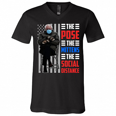 Funny Bernie The Pose The Mittens The Social Distance T-Shirt - Bernie Inauguration 2021 Shirt, Black, V-Neck T-Shirt