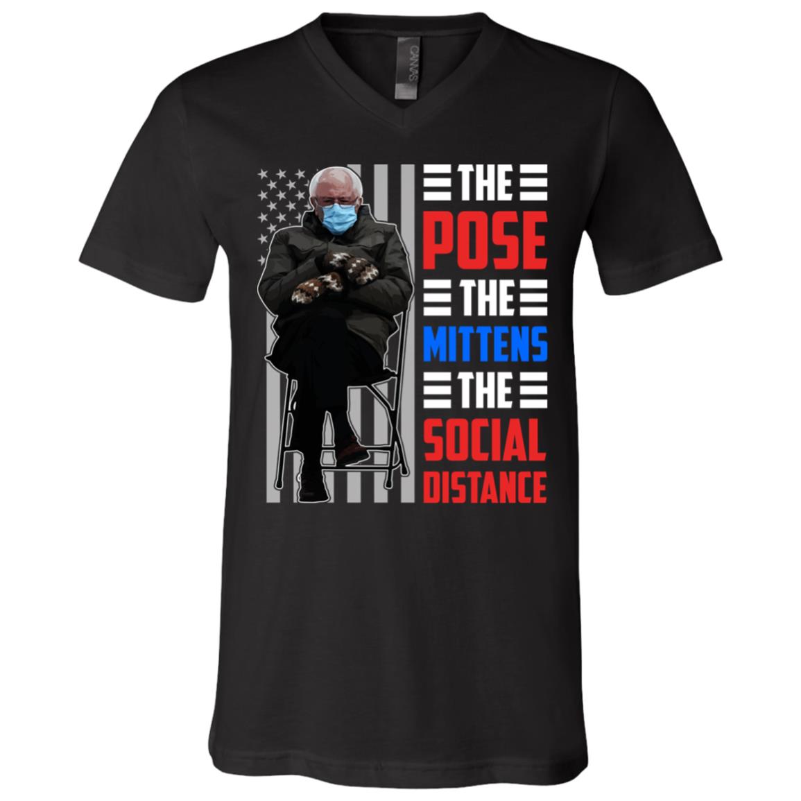 Funny Bernie The Pose The Mittens The Social Distance T-Shirt - Bernie Inauguration 2021 Shirt, Black, V-Neck T-Shirt