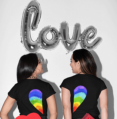Alternative view of Rainbow Heart LGBT Pride Print on Back T-Shirt - Matching Couple Valentine's Day Shirt