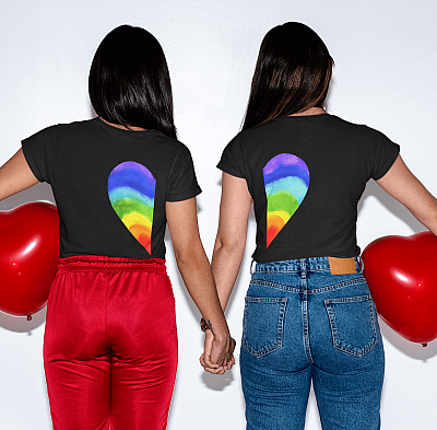 Alternative view of Rainbow Heart LGBT Pride Print on Back T-Shirt - Matching Gay Couple Valentine's Day Shirt