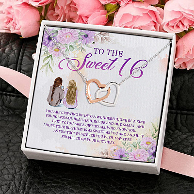 Happy Sweet 16 Little Girl Growing Up All Your Wishes Come True Interlocking Heart Pendant Necklace