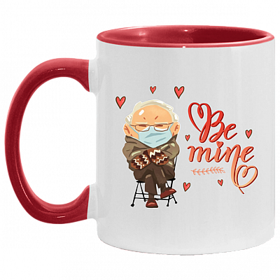 Bernie Sanders Mittens Be Mine Valentine's Day Accent Mug, White/Red, 11 oz. Accent Mug