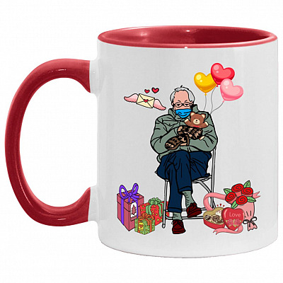 Bernie Sanders Mittens Valentines Day Accent Mug, White/Red, 11 oz. Accent Mug