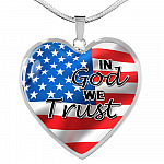 In God We Trust American Flag Patriotic Heart Pendant Necklace - Gift For Patriot - Heart Luxury Necklace (Silver)