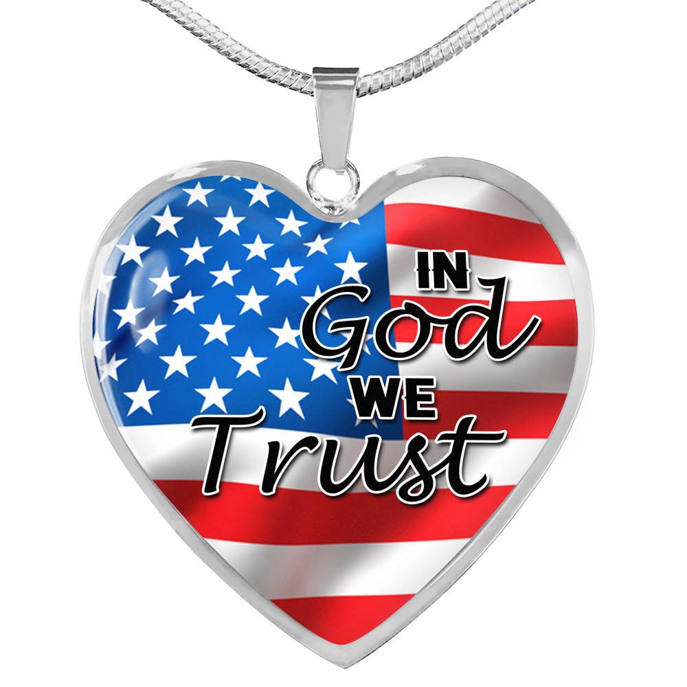 In God We Trust American Flag Patriotic Heart Pendant Necklace - Gift For Patriot - Heart Luxury Necklace (Silver)