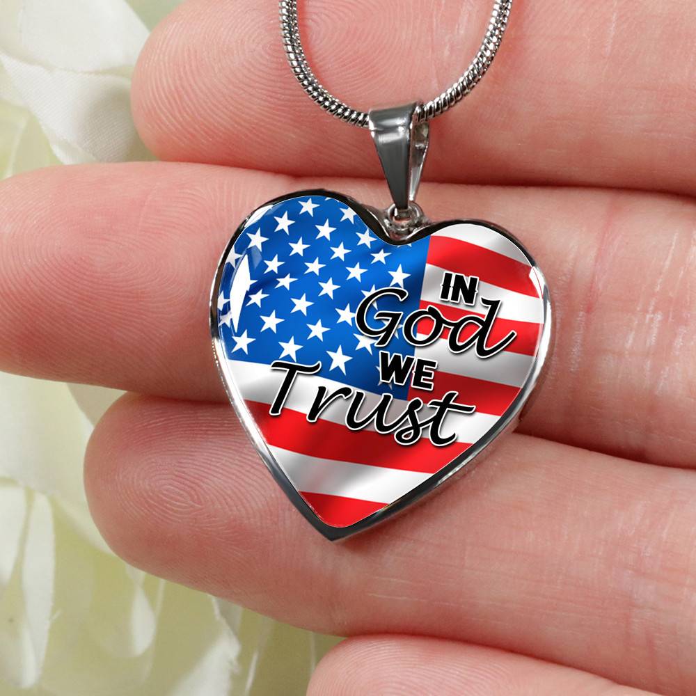 In God We Trust American Flag Patriotic Heart Pendant Necklace - Gift For Patriot - Heart Luxury Necklace (Silver)