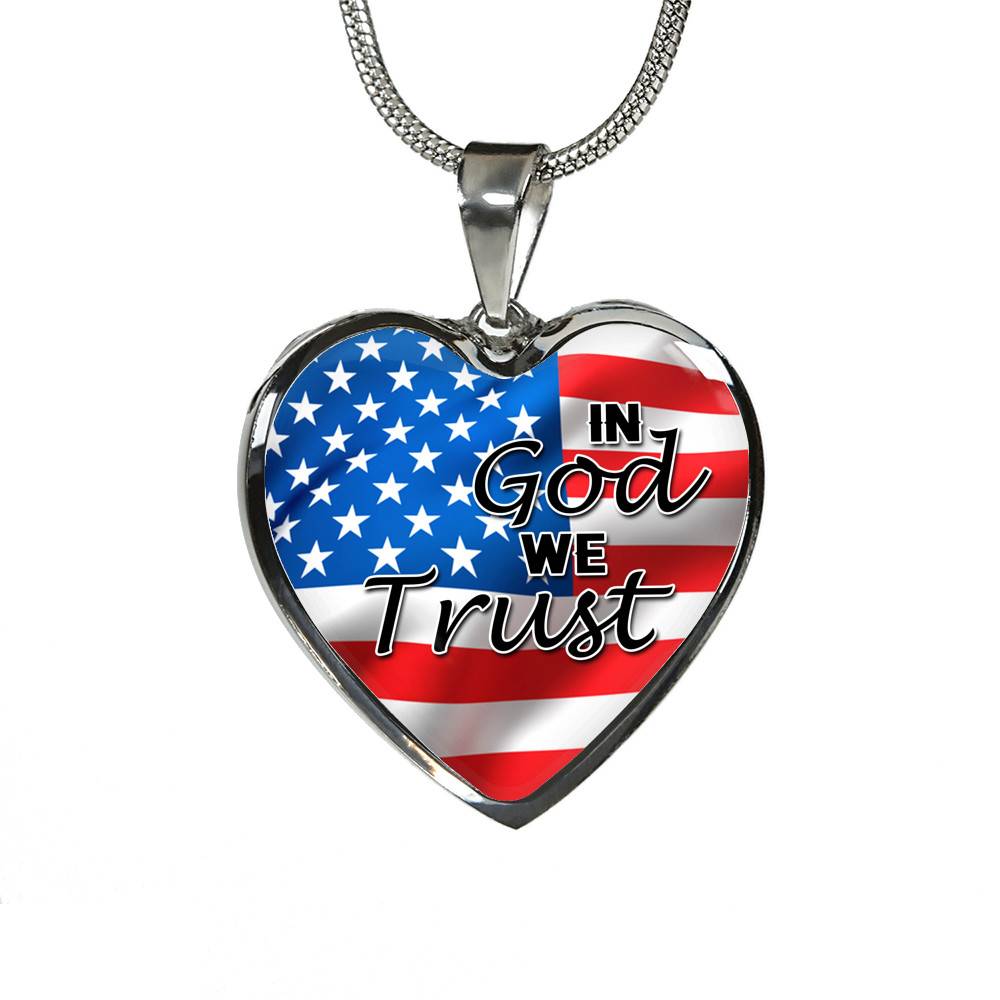 In God We Trust American Flag Patriotic Heart Pendant Necklace - Gift For Patriot - Heart Luxury Necklace (Silver)