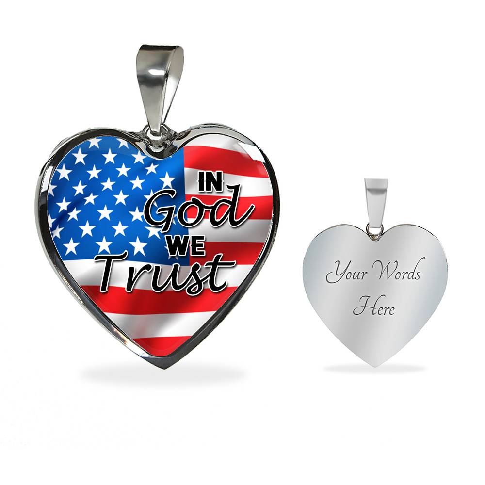 In God We Trust American Flag Patriotic Heart Pendant Necklace - Gift For Patriot - Heart Luxury Necklace (Silver)