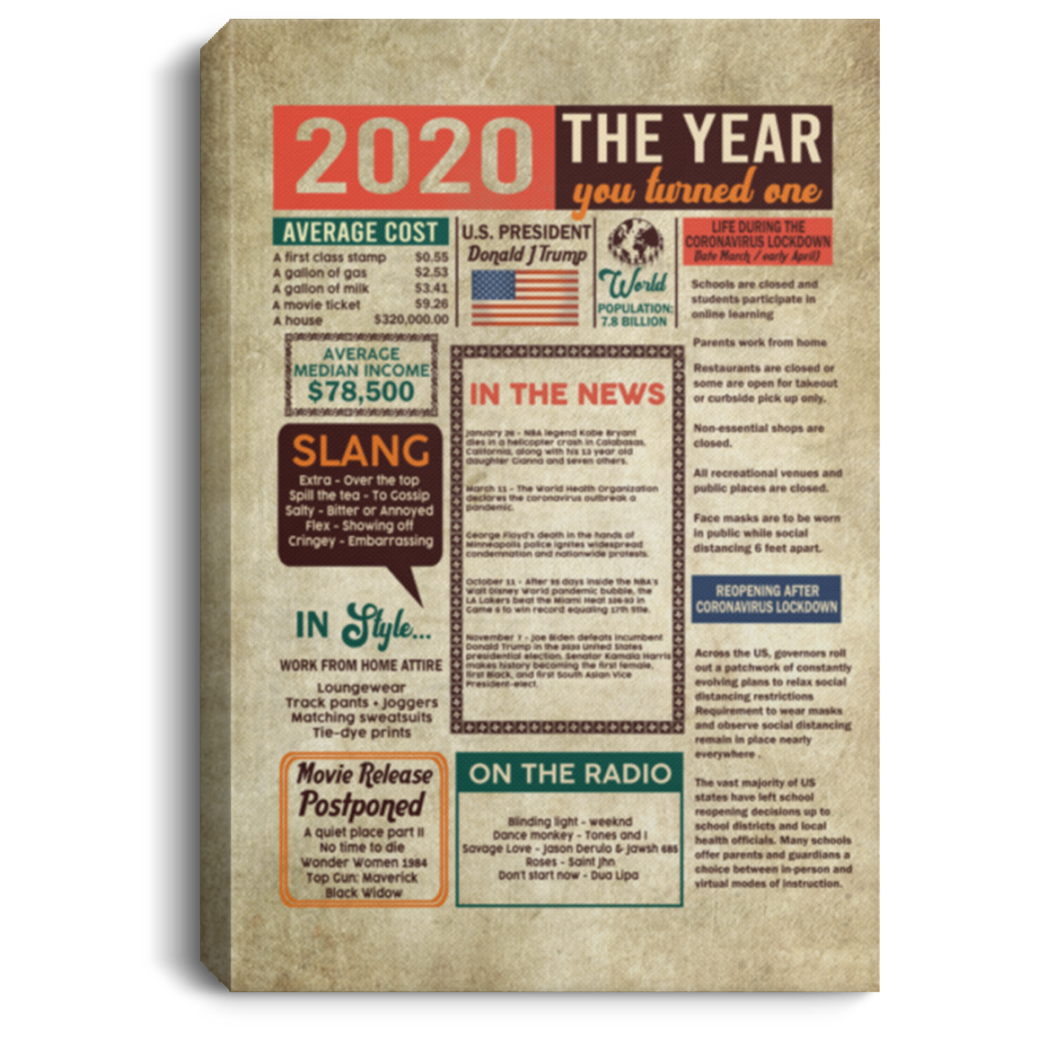 Vintage Newspaper 2020 Pandemic - The Year You Turned One Funny Quarantine Birthday Gift Framed Canvas Prints - Unframed Poster, White, 0.75'' Framed Canvas
