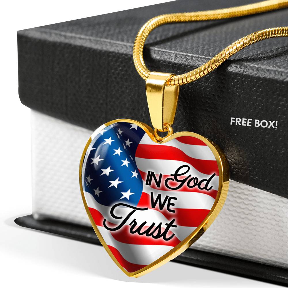In God We Trust American Flag Luxury Heart Pendant Necklace - Christian Necklace Religious Gifts - Heart Luxury Necklace (Gold Plated)