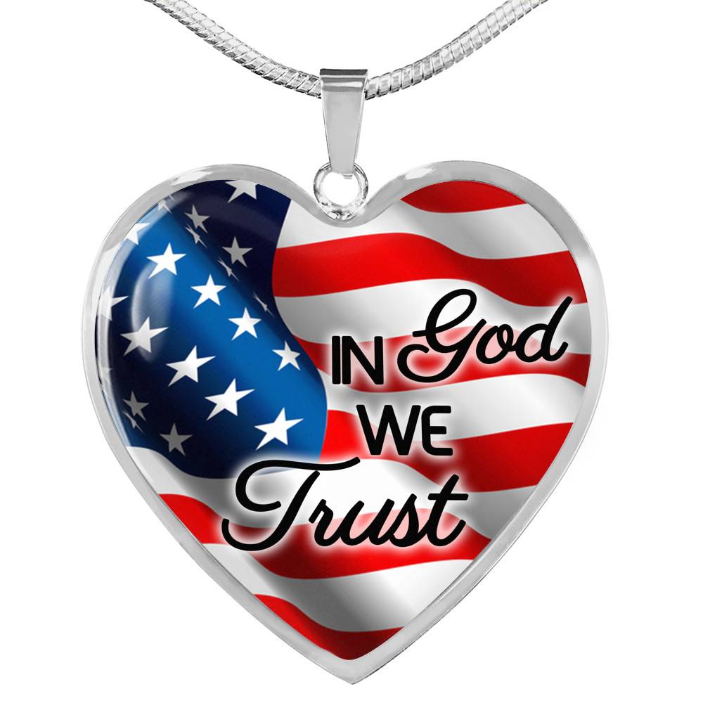 In God We Trust American Flag Luxury Heart Pendant Necklace - Christian Necklace Religious Gifts - Heart Luxury Necklace (Silver)