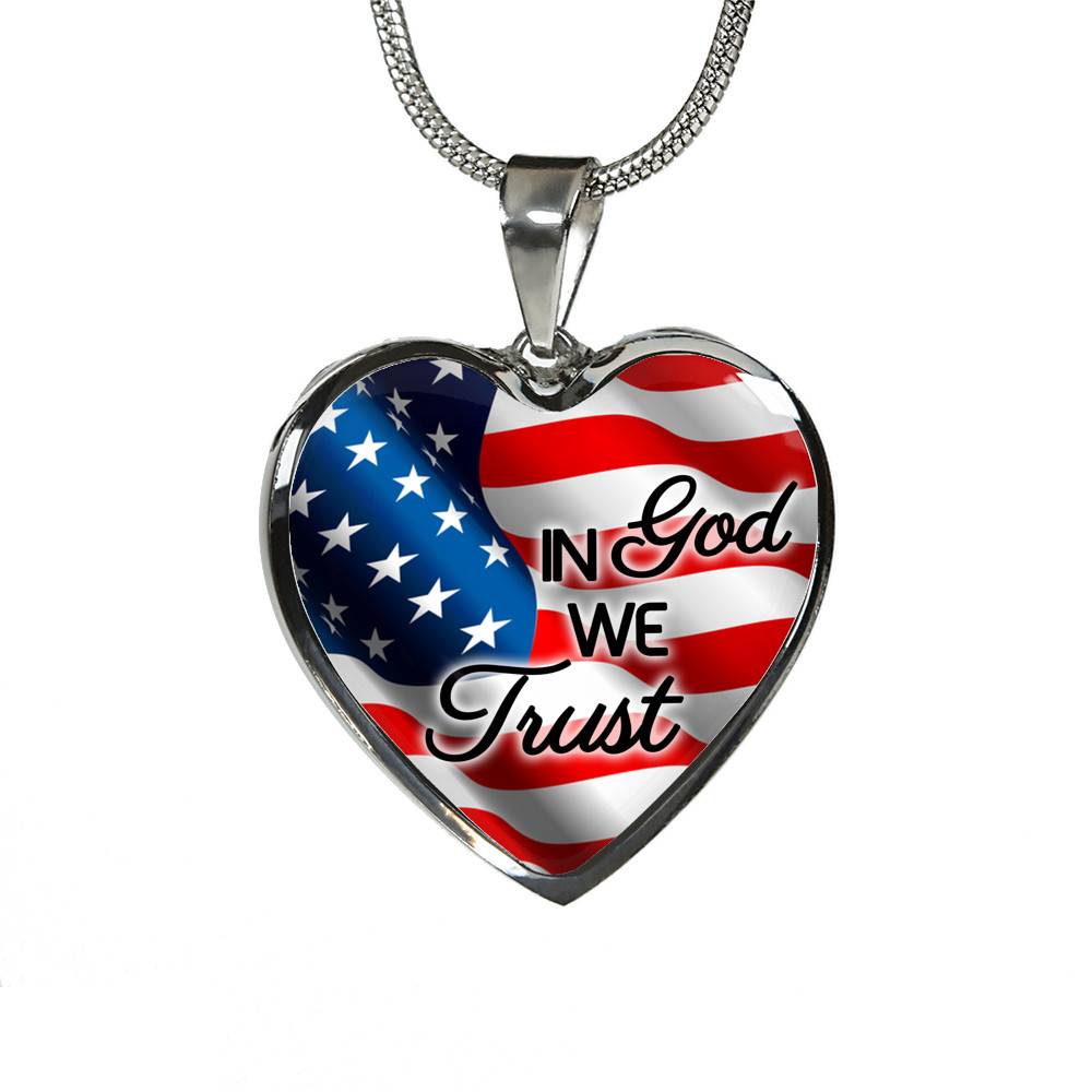 In God We Trust American Flag Luxury Heart Pendant Necklace - Christian Necklace Religious Gifts - Heart Luxury Necklace (Silver)