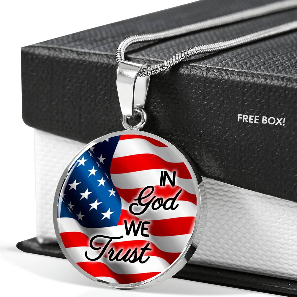 In God We Trust American Flag Luxury Circle Pendant Necklace - Christian Necklace Religious Gifts - Circle Luxury Necklace (Silver)