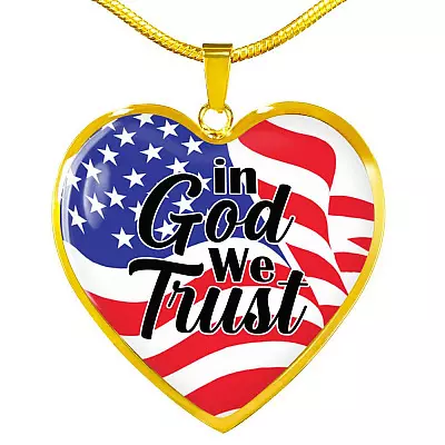 In God We Trust American Flag Heart Pendant Necklace - Womens Patriotic Jewelry - Heart Luxury Necklace (Gold Plated)