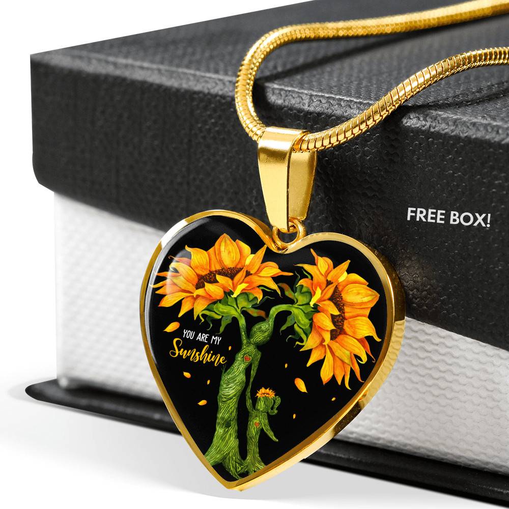 You Are My Sunshine Mother and Daughter Sunflower Heart Pendant Necklace Gifts - Heart Luxury Necklace (Gold Plated)