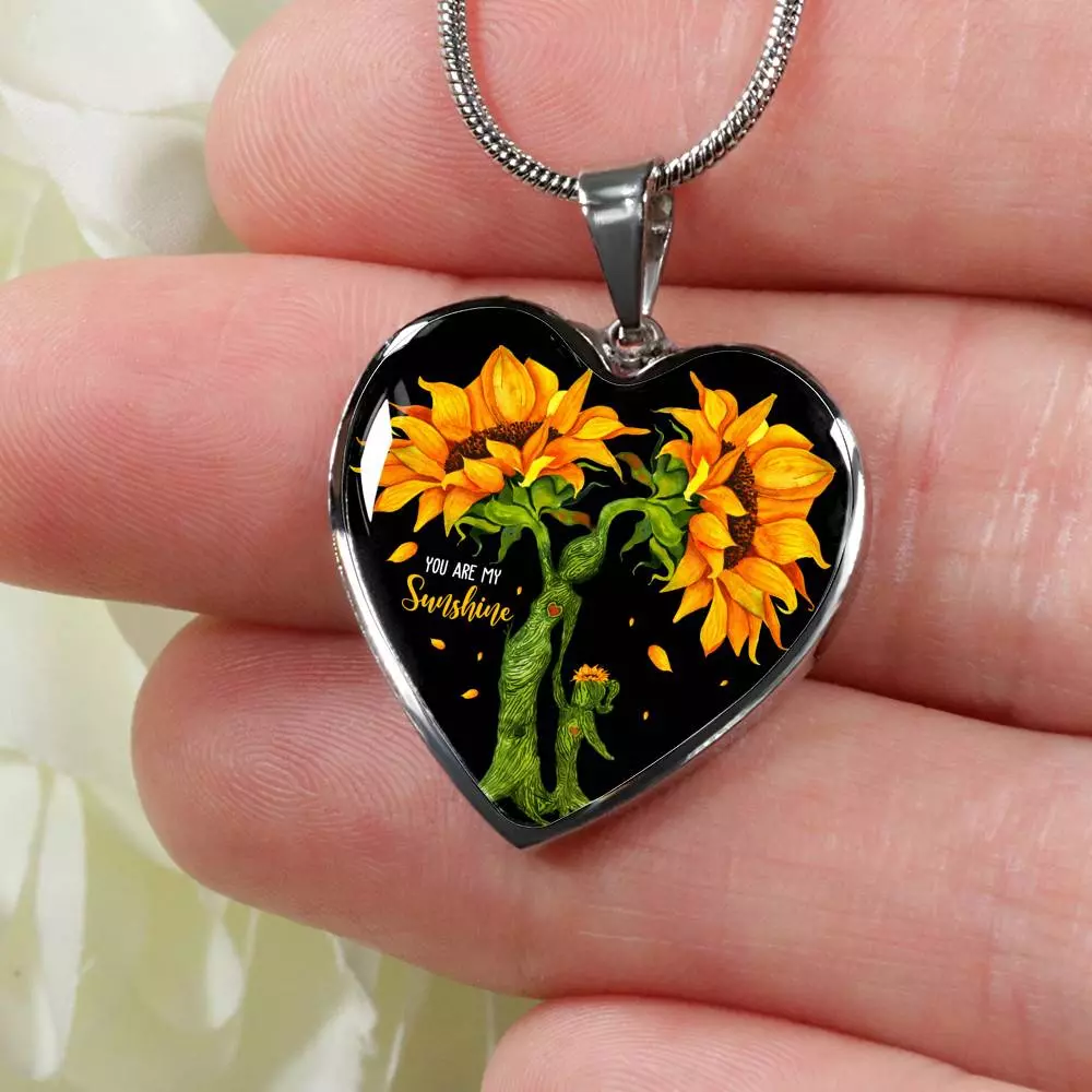 You Are My Sunshine Mother and Daughter Sunflower Heart Pendant Necklace Gifts - Heart Luxury Necklace (Silver)