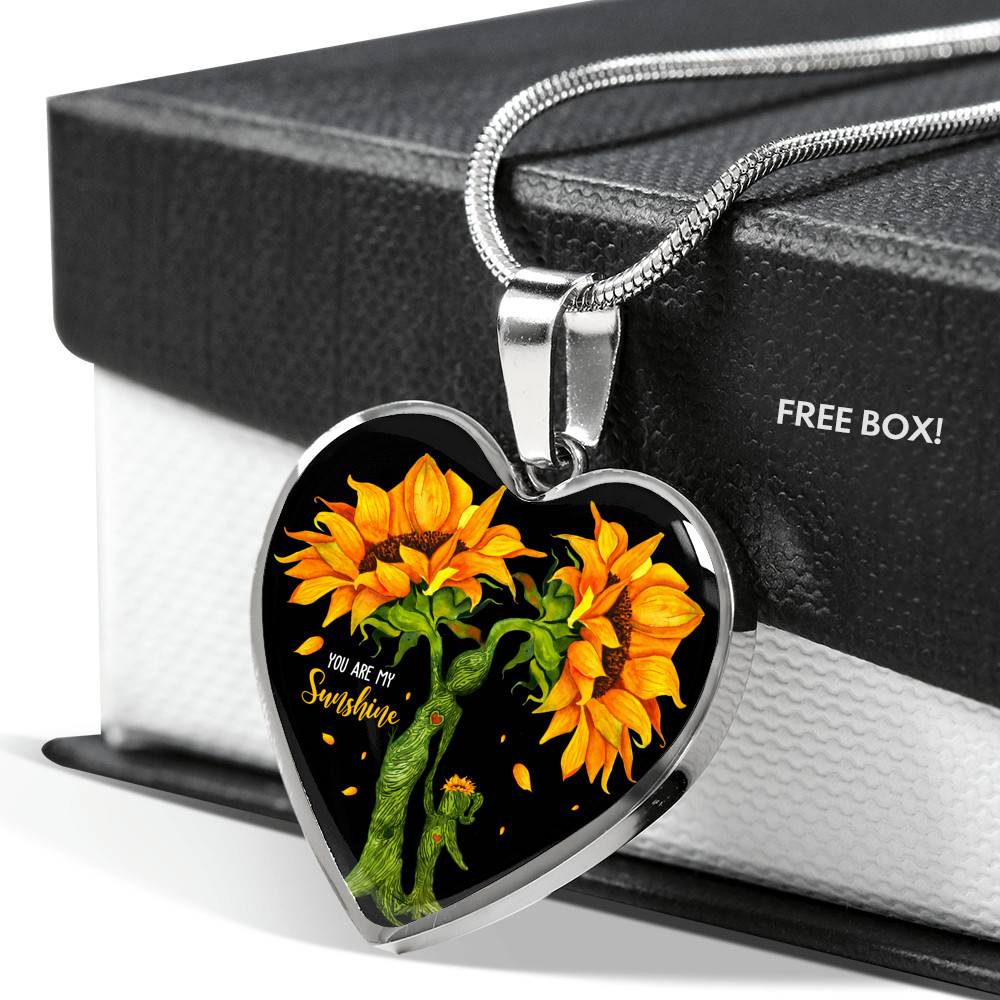 You Are My Sunshine Mother and Daughter Sunflower Heart Pendant Necklace Gifts - Heart Luxury Necklace (Silver)