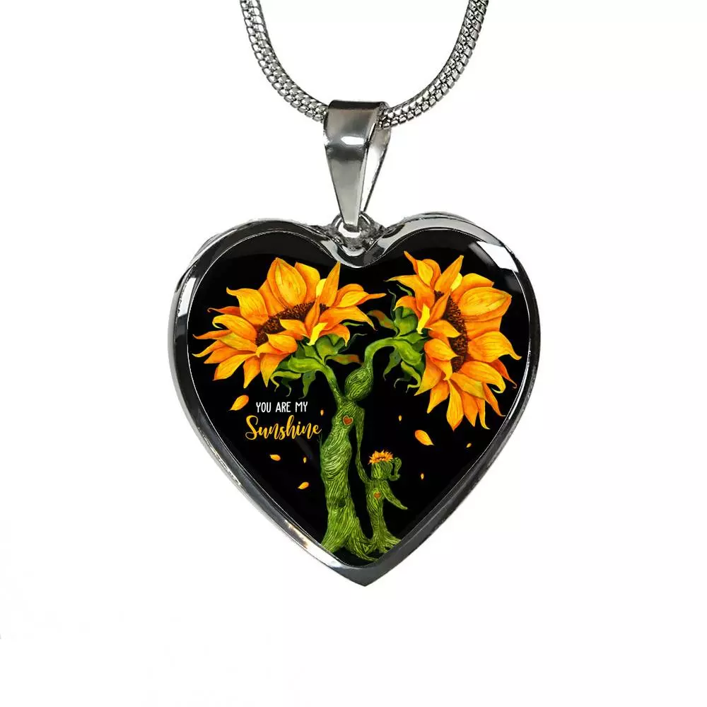 You Are My Sunshine Mother and Daughter Sunflower Heart Pendant Necklace Gifts - Heart Luxury Necklace (Silver)
