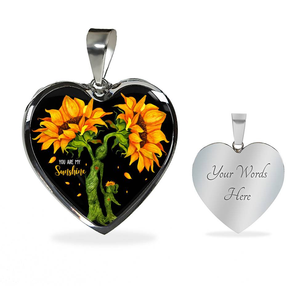 You Are My Sunshine Mother and Daughter Sunflower Heart Pendant Necklace Gifts - Heart Luxury Necklace (Silver)