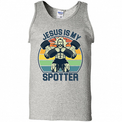 Jesus Is My Spotter Tank Top Tee, Ash, Unisex Tank Top