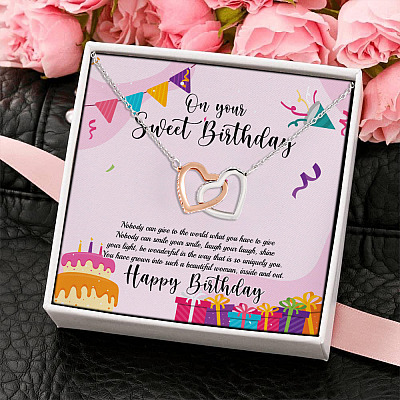 Sweet Birthday Wishes Shine Your Light Beautiful Inside and Out Interlocking Heart Pendant Necklace