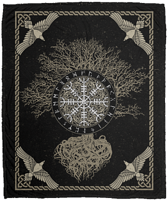 Vik-ing Aegishjalmur Celtic Pattern Mink Blanket - Scandinavian Compass Norse Woven Blanket, White, Cozy Plush Fleece Blanket - 50x60