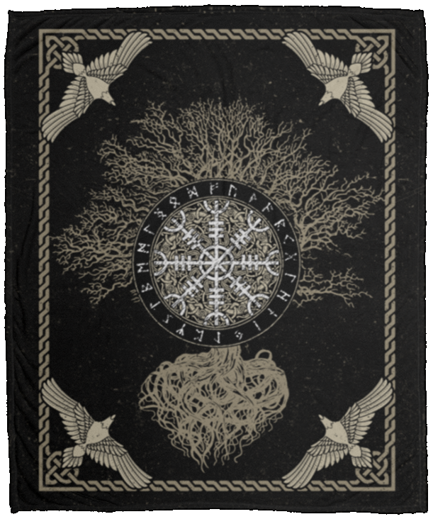 Vik-ing Aegishjalmur Celtic Pattern Mink Blanket - Scandinavian Compass Norse Woven Blanket, White, Cozy Plush Fleece Blanket - 50x60