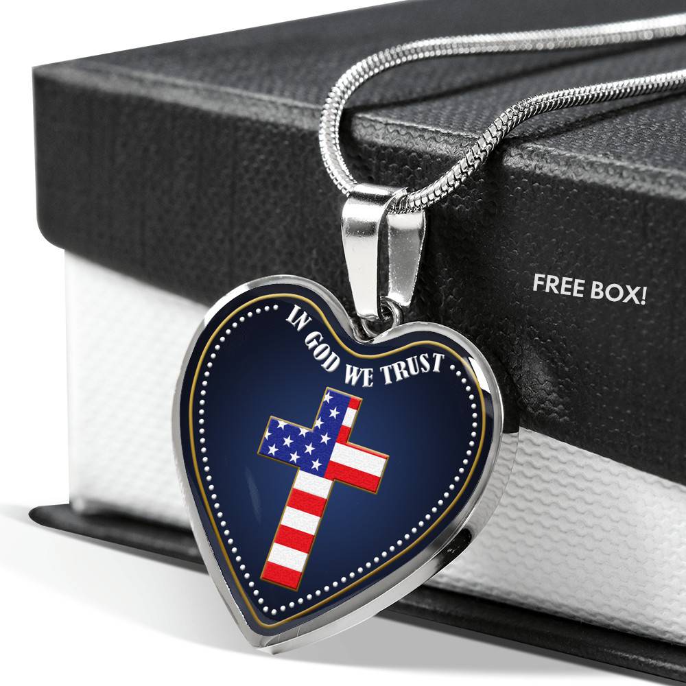 In God We Trust Heart Pendant Necklace - Christian Cross Necklace - Faith Religious Jewelry - Heart Luxury Necklace (Silver)